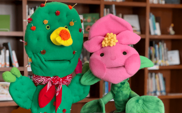 Bella the Begonia and Carlos Cactus puppets