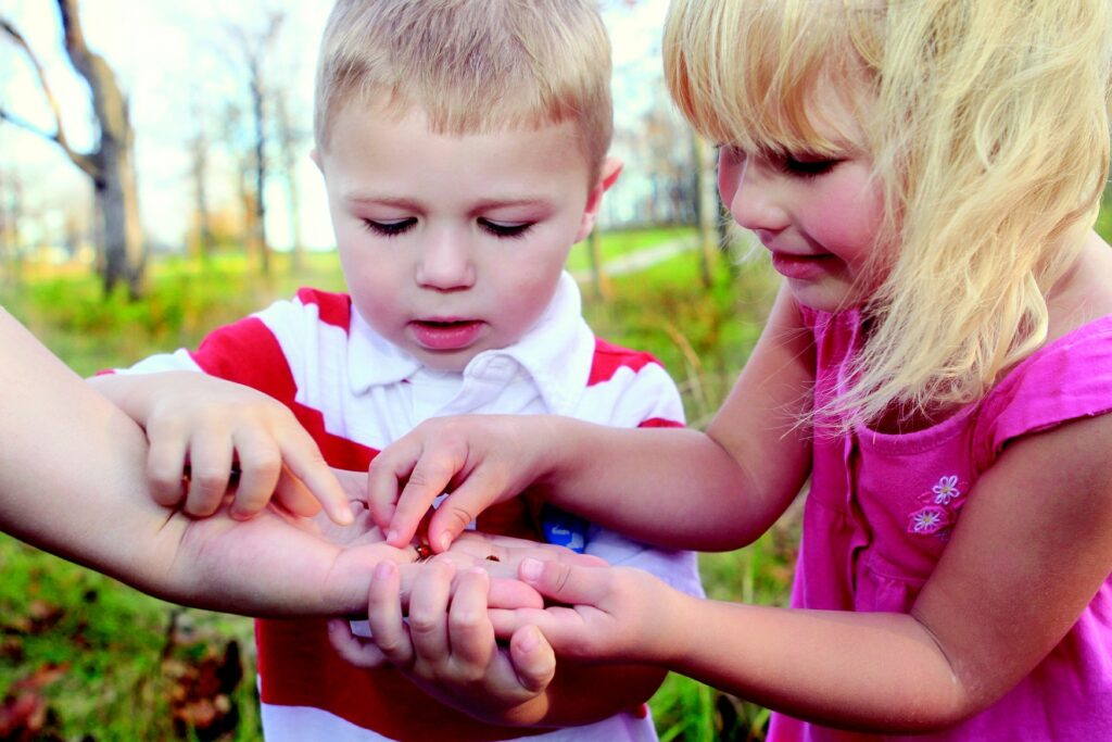 Two young children look at ladybugs