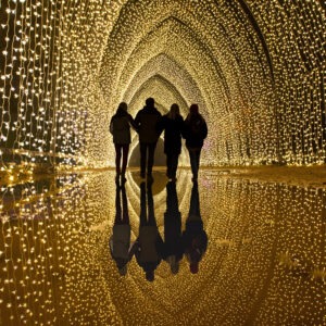 Friends walking together under beautifully-lit archway