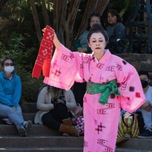 Woman in pink kimono performs a traditional dance at the Japanese Festival