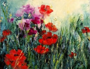 Painting by Zan Savage of red and purple flowers against a green background