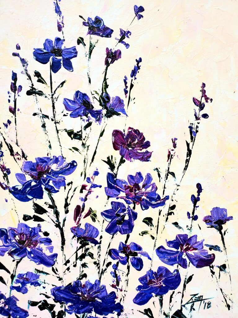 Painting by Zan Savage of purple flowers against a tan background