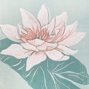 Woodblock of a lotus by Laura Post. Copyright Laura Post.