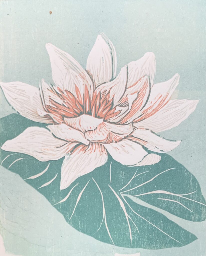 Woodblock print of a pink lotus by Laura Post. Copyright Laura Post.
