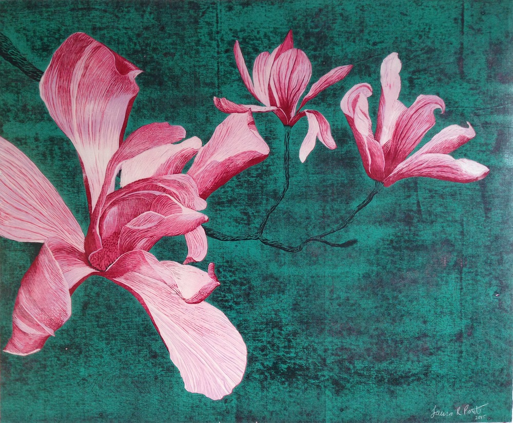 Woodblock print of magnolia flower by Laura Post. Copyright Laura Post.