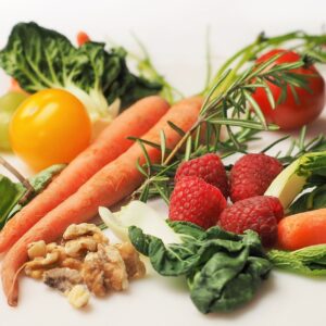 Arrangement of vegetables, fruits and nuts