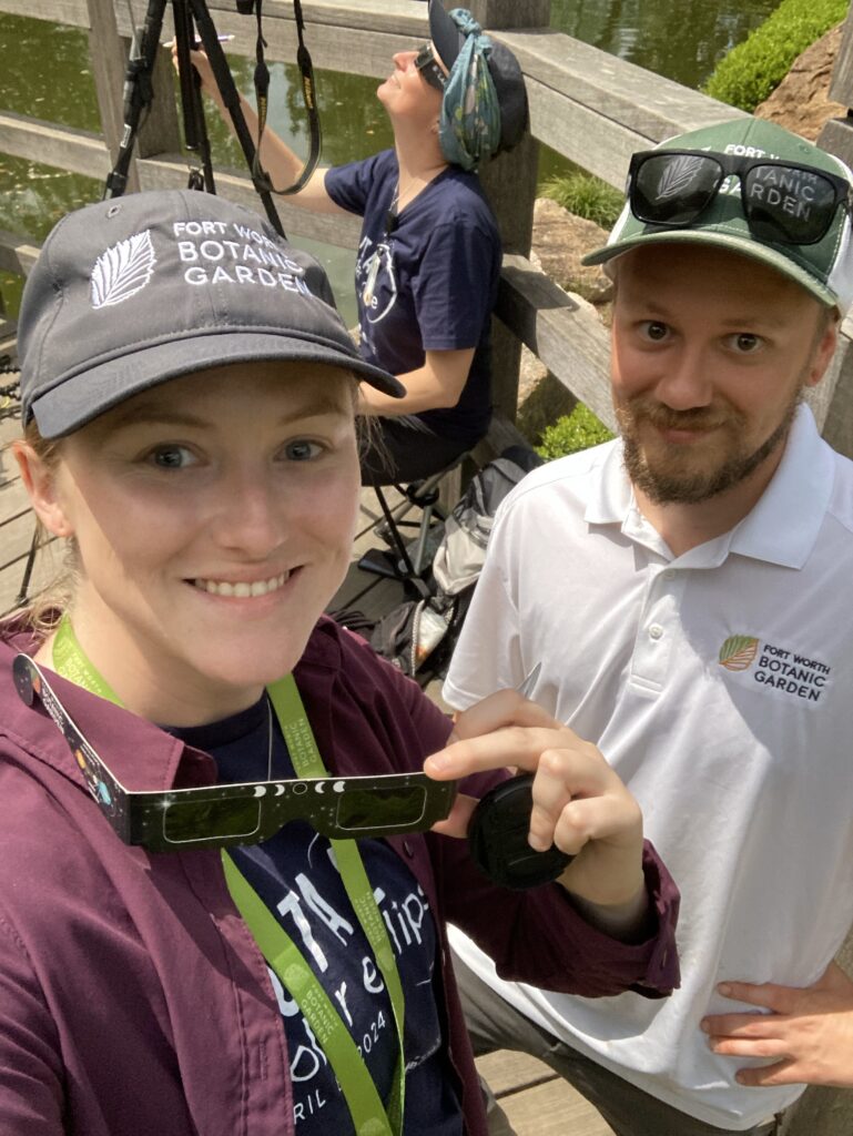 The Japanese Garden team collecting eclipse data. (Front to back) Kay Hankins, Seed Bank Conservation Botanist; Austin Brenek, Assistant Plant Records Coordinator; Rachel Carmickle, Conservation Project Facilitator & Assistant Researcher.