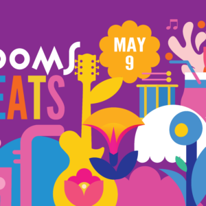 Graphic with test saying 'Blooms and Beats', graphic of musical instruments and flowers.