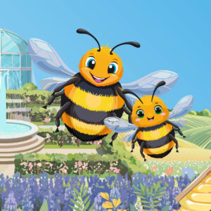 Colorful cartoon illustration of two friendly bees flying over a garden scene with lavender flowers, a fountain, a beehive, and a glass conservatory in the background.