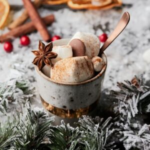 A ceramic mug of hot cocoa topped with marshmallows, a star anise, and a dusting of cinnamon, surrounded by frosted evergreen branches, dried orange slices, cinnamon sticks, and red berries.
